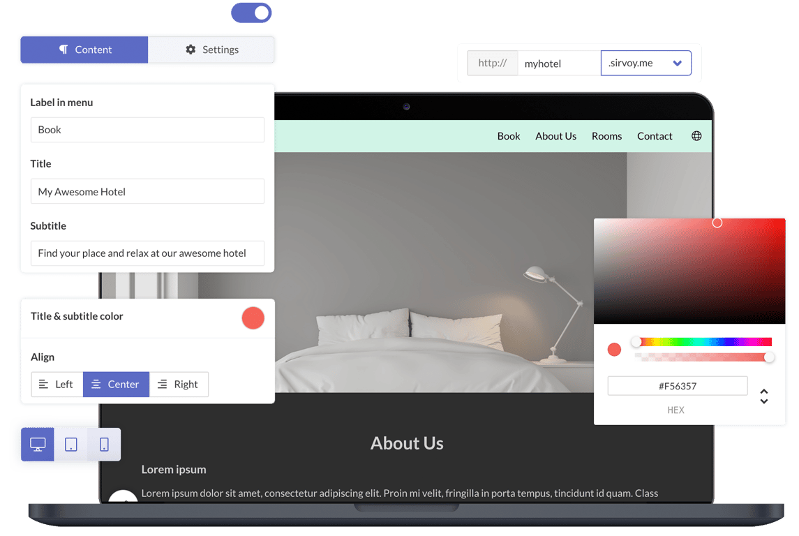 Sirvoy website editor interface showing content management panel and HEX color selector #F36357
