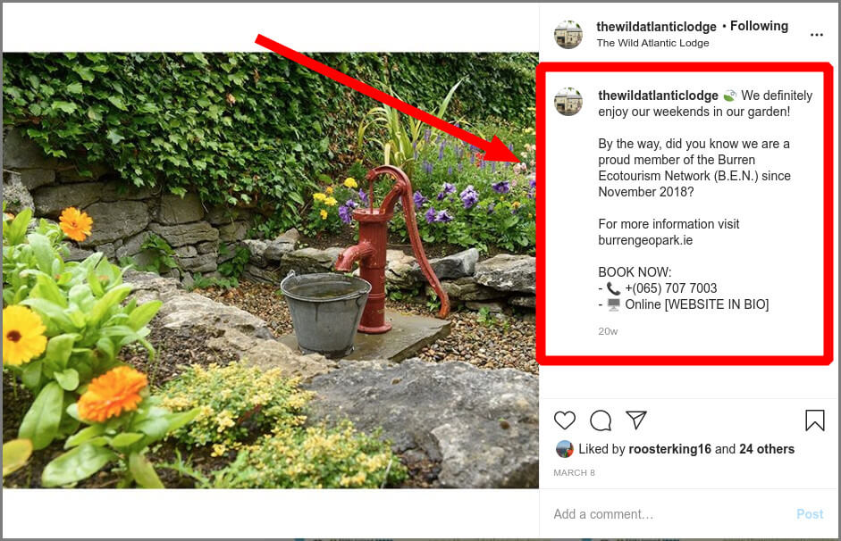 Caption example on an Instagram post for a hotel.